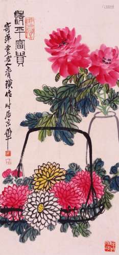 CHINESE SCROLL PAINTING OF FLOWER IN BASKET SIGNED BY QI BAI...