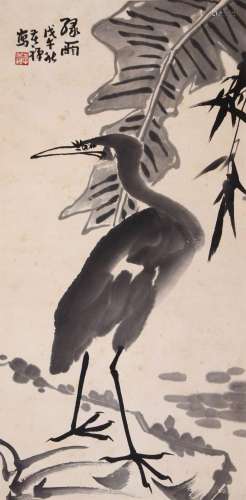 CHINESE SCROLL PAINTING OF CRANE UNDER LEAF SIGNED BY LI KUC...