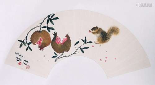 CHINESE FAN PAINTING OF SQURELLE AND FRUIT SIGNED BY FANG CH...