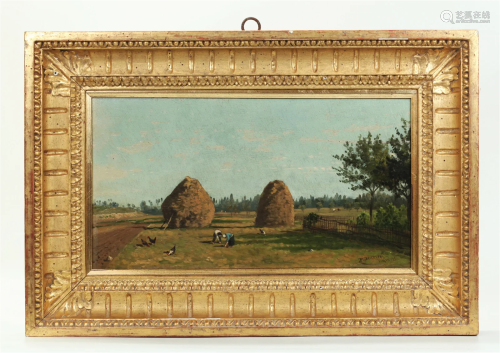 Emile F Beaulieu; Oil Panel Paris 1872 Haystacks