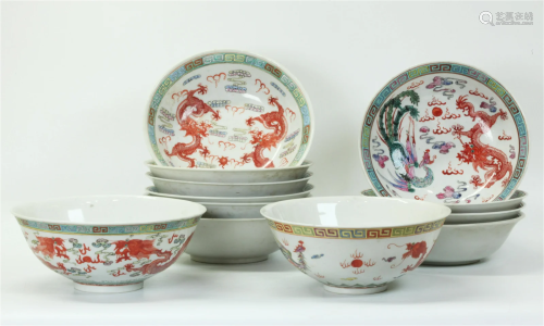 12 Chinese Enameled Porcelain Dragon Bowls
