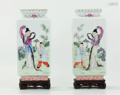 Mirror Pair Chinese 4 Sided Porcelain Vases