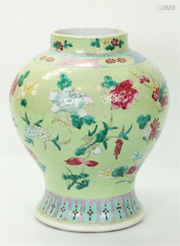 Chinese 19th C Lime & Famille Rose Porcelain Jar