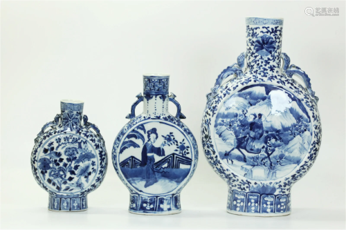 3 Chinese Blue & White Porcelain Moon Vases
