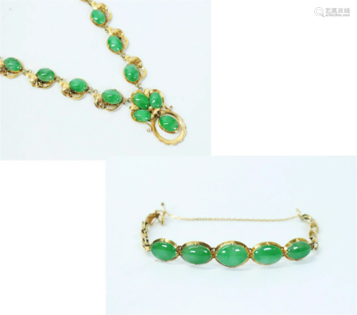 Chinese Apple Green Jadeite 14K Necklace Bracelet