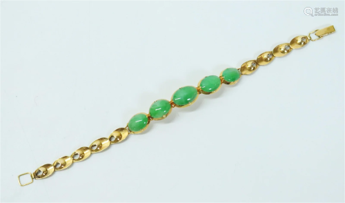 Chinese Apple Green Jadeite 14K Gold Bracelet