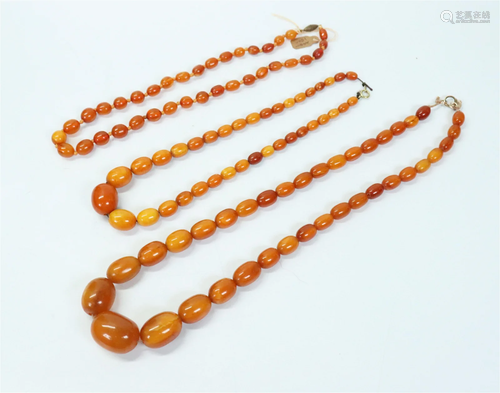 3 Chinese Butterscotch Amber Bead Necklaces; 93G