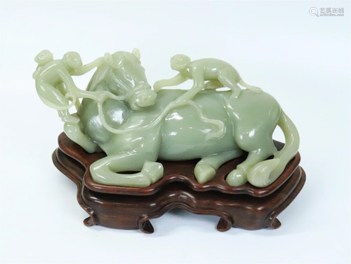 Chinese Celadon Jade Horse with 3 Monkeys