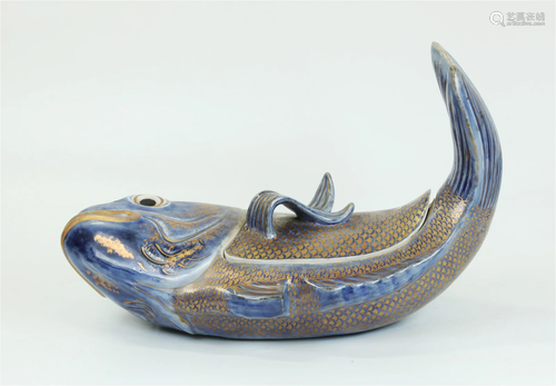 Rare Chinese 19th C Blue Porcelain Carp Tureen