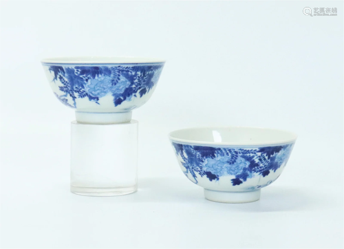 Pair Chinese Blue & White Porcelain Chicken Bowls