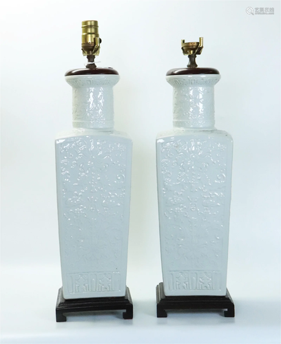 Pair Chinese Molded Blanc de Chine 4 Sided Vases