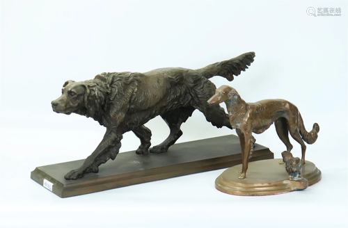 2 Dogs; Bronze Borzoi, White Metal Retriever