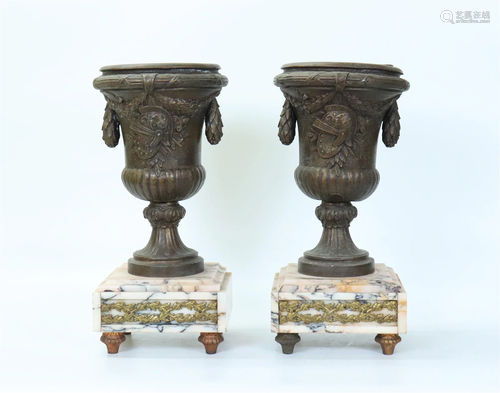 Pair Paris France Bronzed Metal Urns Marble Bases