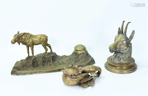 3 Bronze 19 C Inkwells; Moose Chamois Lobster