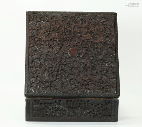 Chinese 19th C Black Hard Wood Dragon Box