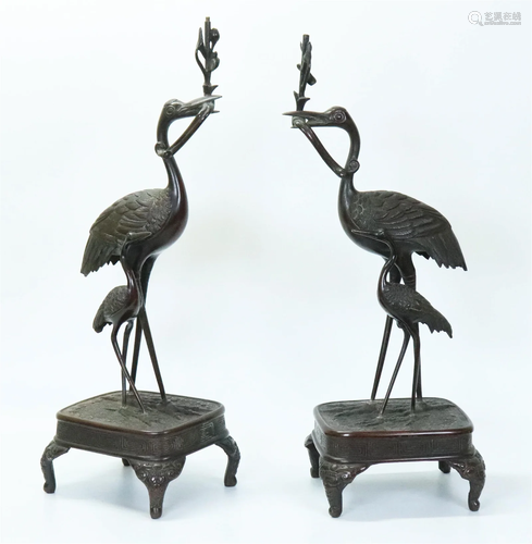 Mirror Pr 19th C Japanese Bronze Cranes on Stands