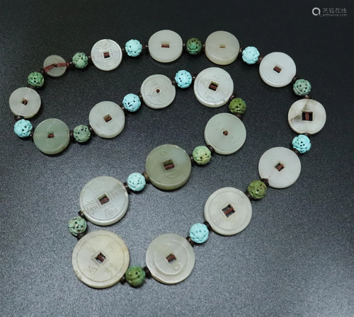 Chinese 18 Cash-Coin White Jade Toggle Necklace