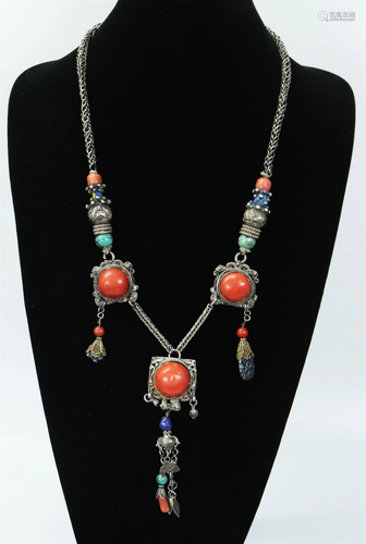 Tibetan Silver Coral Turquoise Necklace