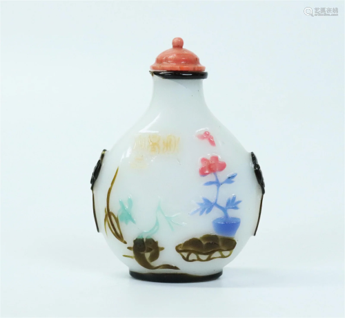 Chinese 5 Color Overlay Yangzhou Type Snuff Bottle