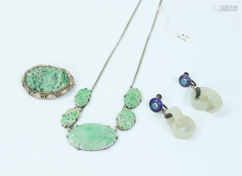 Chinese Jade Earrings, Jadeite Necklace & Brooch