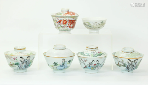 6 Chinese Enameled Porcelain Teacups & 5 Covers