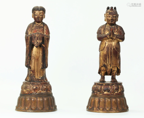 Pr Chinese 18/19 C Gold Lacquered Wood Figures