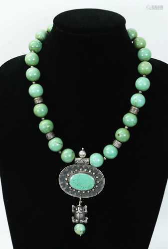 Chinese Turquoise Bead Granulated Silver Necklace