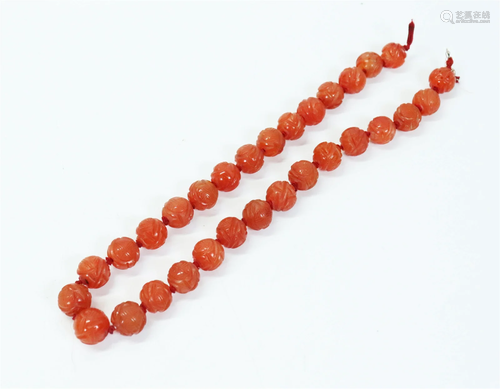 30 Chinese Qing Carnelian Agate Carved Shou Beads