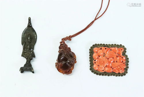 Chinese Coral Pin Amber Pendant Mini Votive Bronze