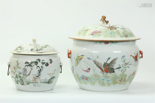 2 Chinese Enameled Porcelain Food Pots & Covers