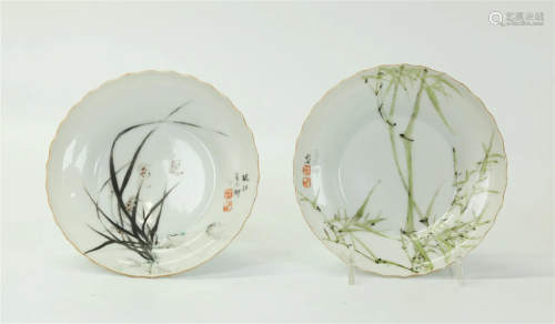 2 Chinese Artist Enameled Porcelain Small Plates