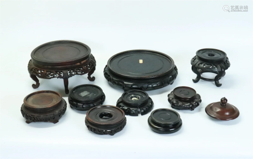 9 Chinese Carved Wood Round Stands; 1 Cover