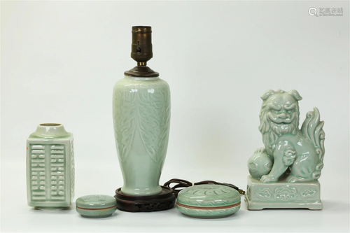 3 Chinese Celadon Porcelains, 2 Korean Boxes