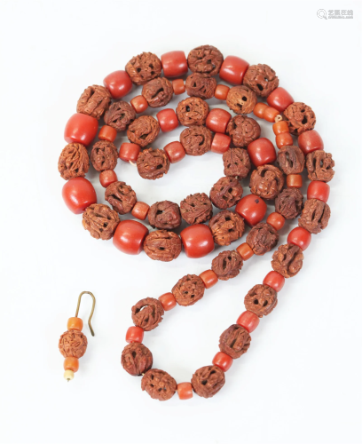 Chinese Carved Nut Bead & Copal Amber Necklace