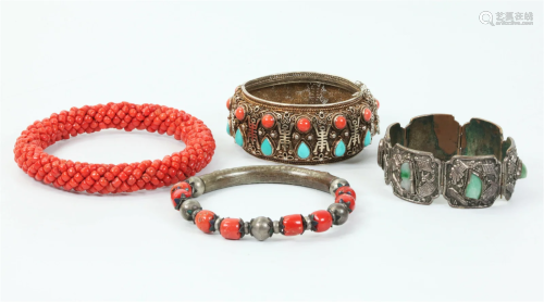 4 Chinese Vintage Bangles & Bracelet Coral Jadeite