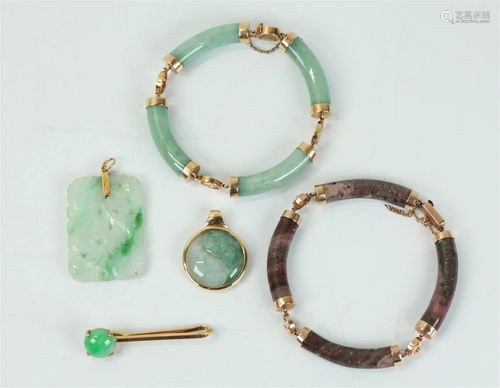 4 Chinese 14K & Green Jadeites; 1 Gemstone 14K