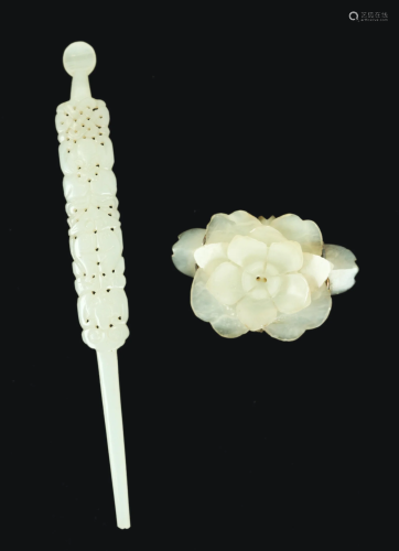 2 Chinese 18th C White Jades: Hairpin & Flower