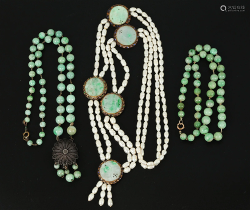 3 Vintage Chinese Jadeite Bead & Pearl Necklaces