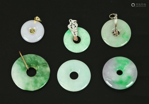 6 Chinese Green to Lavender Jadeite "Bi" Pendants