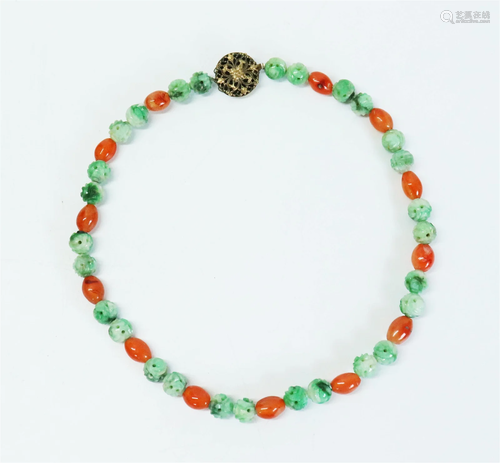 Chinese Carved Apple Green Jadeite Bead Necklace