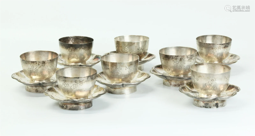 8 Chinese Silver Plumb Blossom Wine Cups 8 Saucers