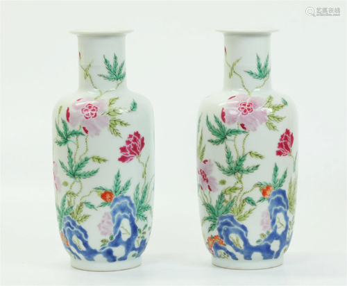 Pair Chinese Famille Rose Porcelain Baluster Vases