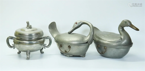 3 Chinese Pewter Tureens; Duck Goose Hot Pot