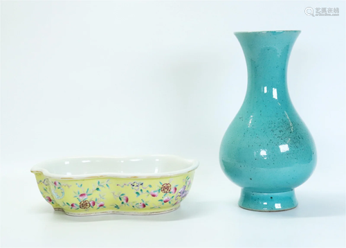 Chinese Turquoise Porcelain Vase, Yellow Bowl