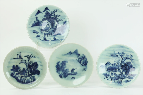 4 Chinese Blue White Celadon Porcelain Sm Plates