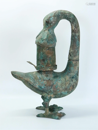 Large Chinese Cast Bronze Goose & Fish Lamp