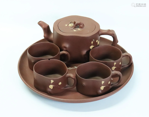 Chinese Yixing "Prunus" Teapot 4 Cups & Tray