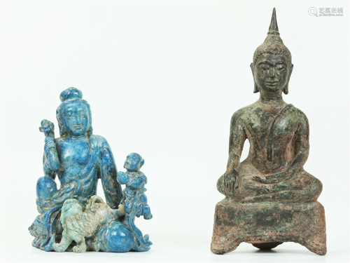 Chinese Lapis Lazuli Bodhisattva Fu Lion Acolyte