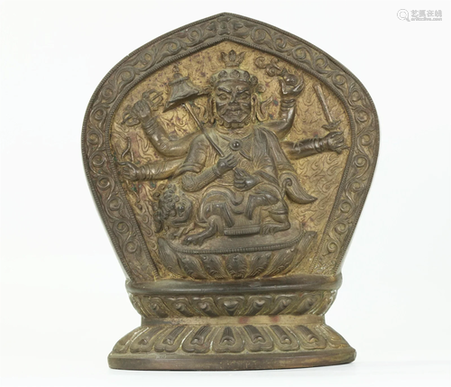 Chinese Tibetan Bronze Mahakala on Lion Plaque