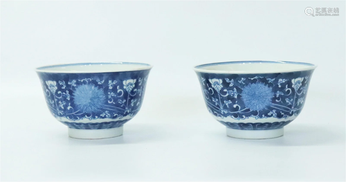 Pair Chinese Blue & White Porcelain Bowls